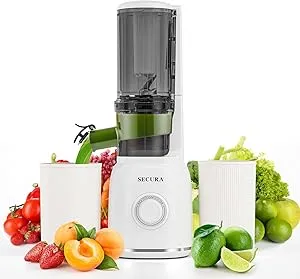 Secura Cold Press Juicer with Stainless Steel Prong Spiral Auger & Mesh Free Filter, Slow Juicer with Quiet Motor & Reverse Function for Vegetables and Fruits, Masticating Juicer Machines with Brush