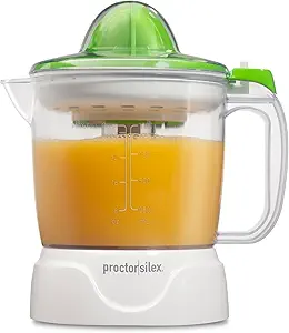 Proctor Silex Electric Citrus Juicer Machine, Large 34 oz. Pitcher, Pressure Activated, 2 Reamers for Big and Small Fruit, Pulp Control, for Orange, Lemon, Grapefruit Juice, White & Green (66340)
